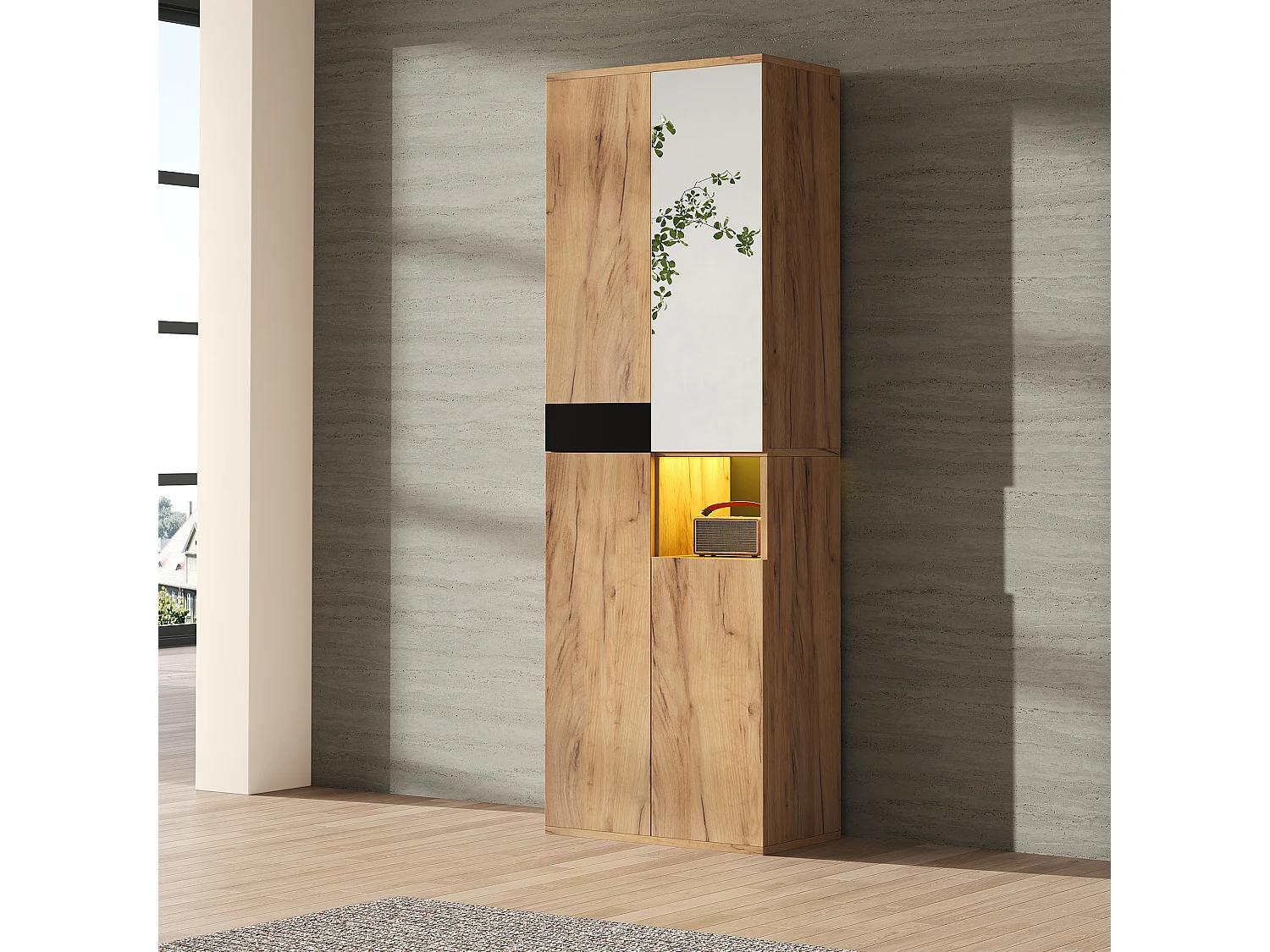 Armoire haute 65x35x190 cm, 4 portes, 1 niche ouverte, miroir, avec anti basculement, panneaux de particules, noir et naturel
