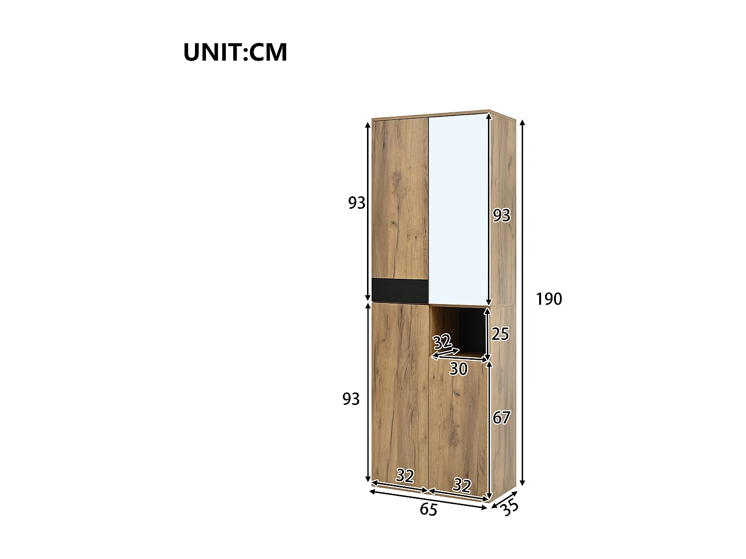 Armoire haute 65x35x190 cm, 4 portes, 1 niche ouverte, miroir, avec anti basculement, panneaux de particules, noir et naturel