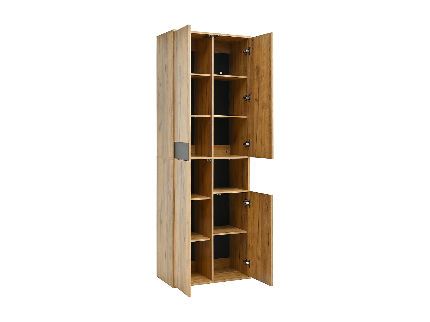 Armoire haute 65x35x190 cm, 4 portes, 1 niche ouverte, miroir, avec anti basculement, panneaux de particules, noir et naturel
