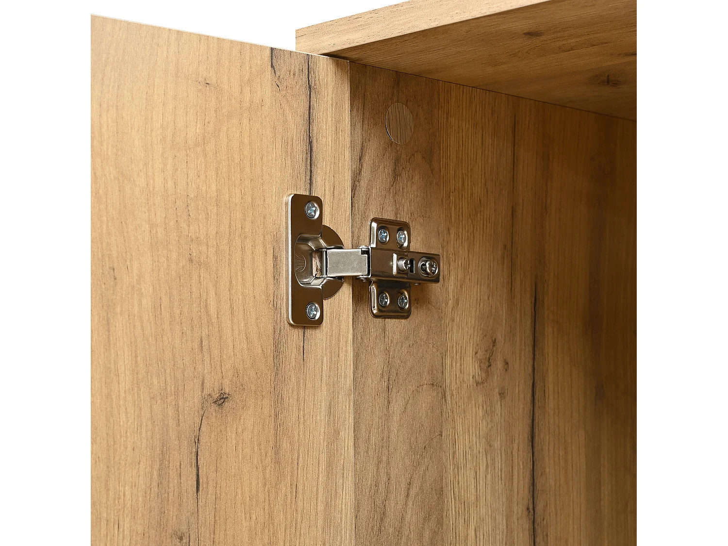 Armoire haute 65x35x190 cm, 4 portes, 1 niche ouverte, miroir, avec anti basculement, panneaux de particules, noir et naturel