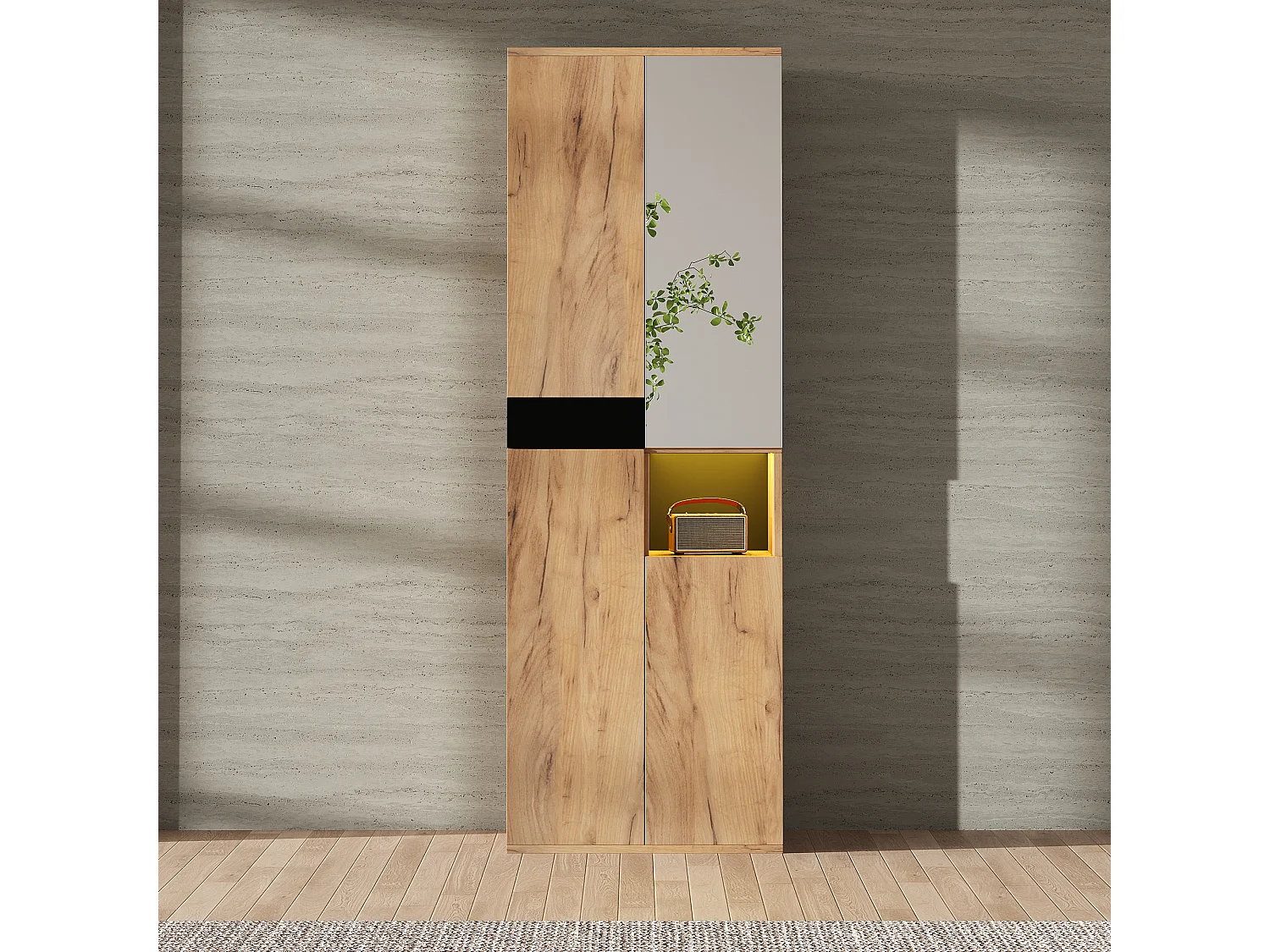 Armoire haute 65x35x190 cm, 4 portes, 1 niche ouverte, miroir, avec anti basculement, panneaux de particules, noir et naturel
