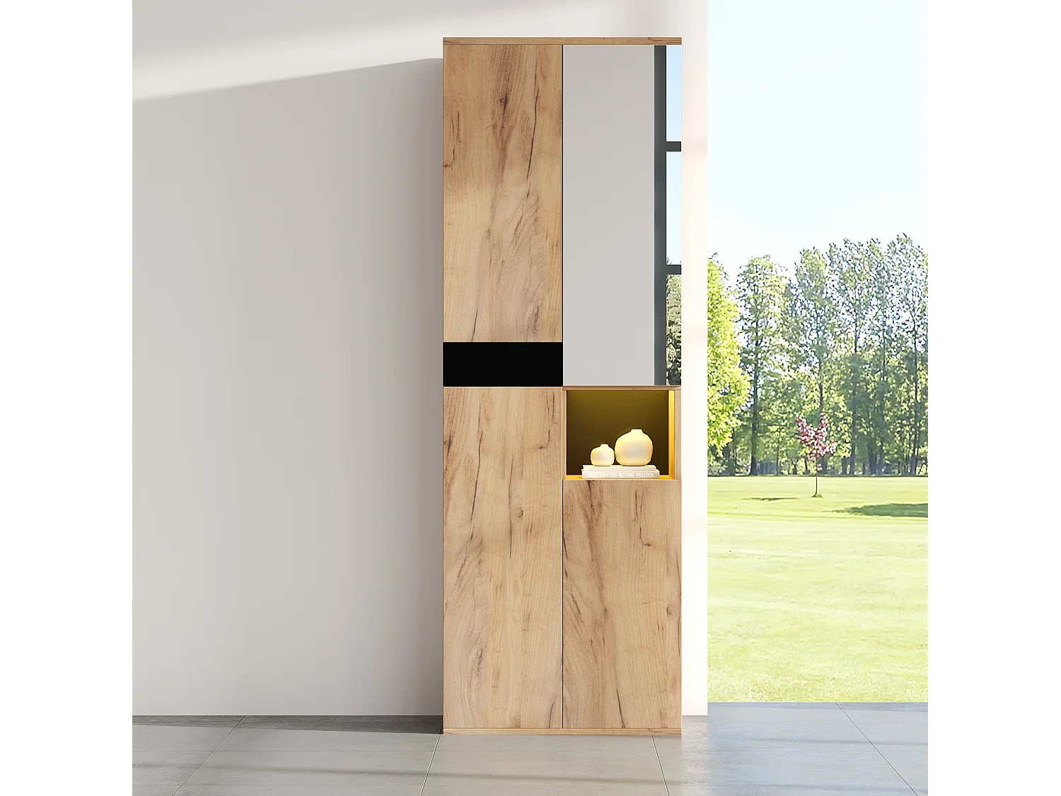 Armoire haute 65x35x190 cm, 4 portes, 1 niche ouverte, miroir, avec anti basculement, panneaux de particules, noir et naturel