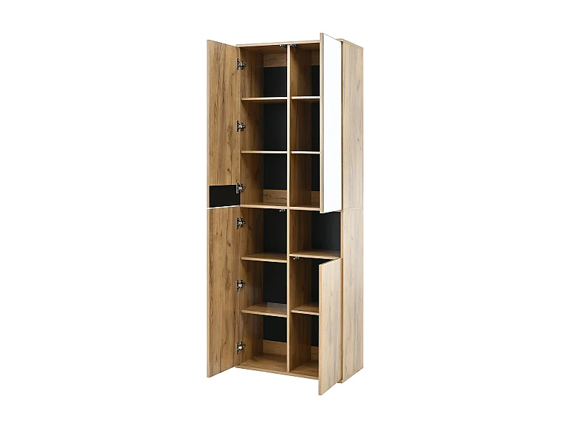 Armoire haute 65x35x190 cm, 4 portes, 1 niche ouverte, miroir, avec anti basculement, panneaux de particules, noir et naturel