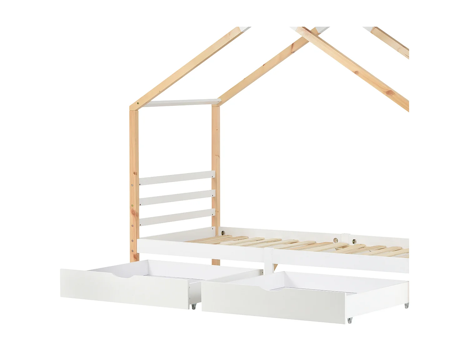 Lit cabane 96×210cm avec cadre sommier à lattes protection anti-chute tiroir - Bois - Blanc - (sans matelas)