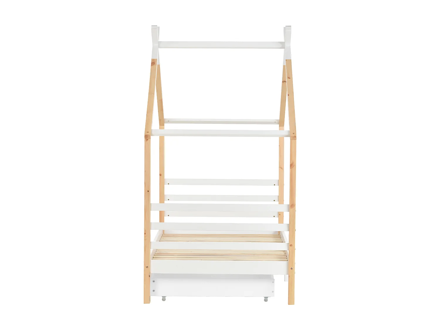 Lit cabane 96×210cm avec cadre sommier à lattes protection anti-chute tiroir - Bois - Blanc - (sans matelas)