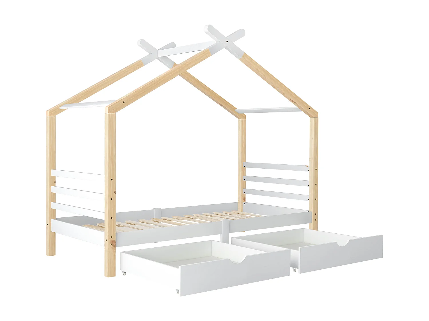 Lit cabane 96×210cm avec cadre sommier à lattes protection anti-chute tiroir - Bois - Blanc - (sans matelas)
