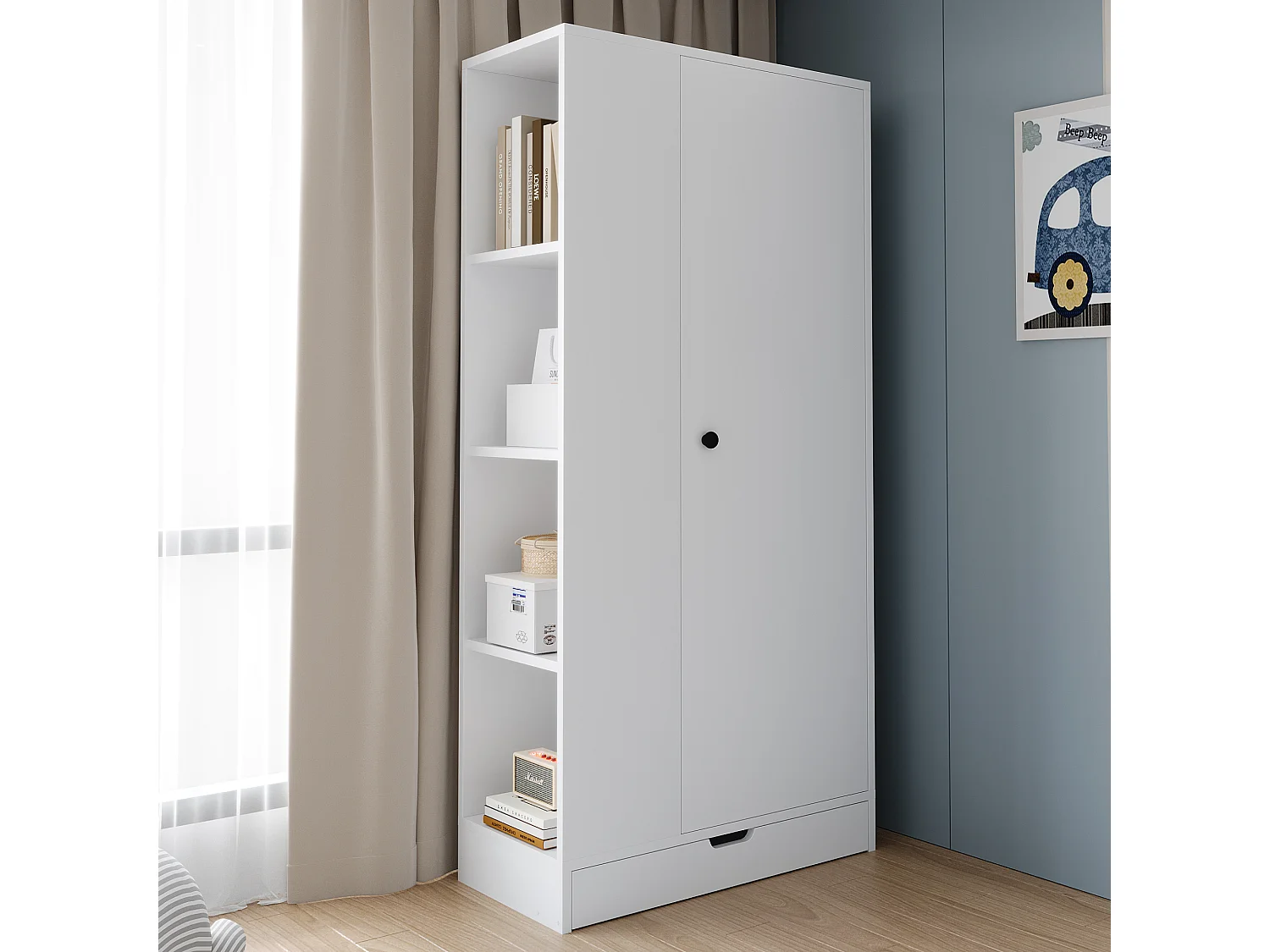 Kledingkast 70x40x170 cm met verstelbare planken en lades in wit voor slaapkamer en kleedkamer