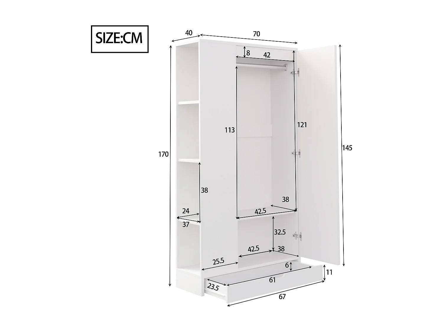 Armoire 70x40x170 cm avec Étagères et tiroirs réglables en blanc pour Chambre et dressing