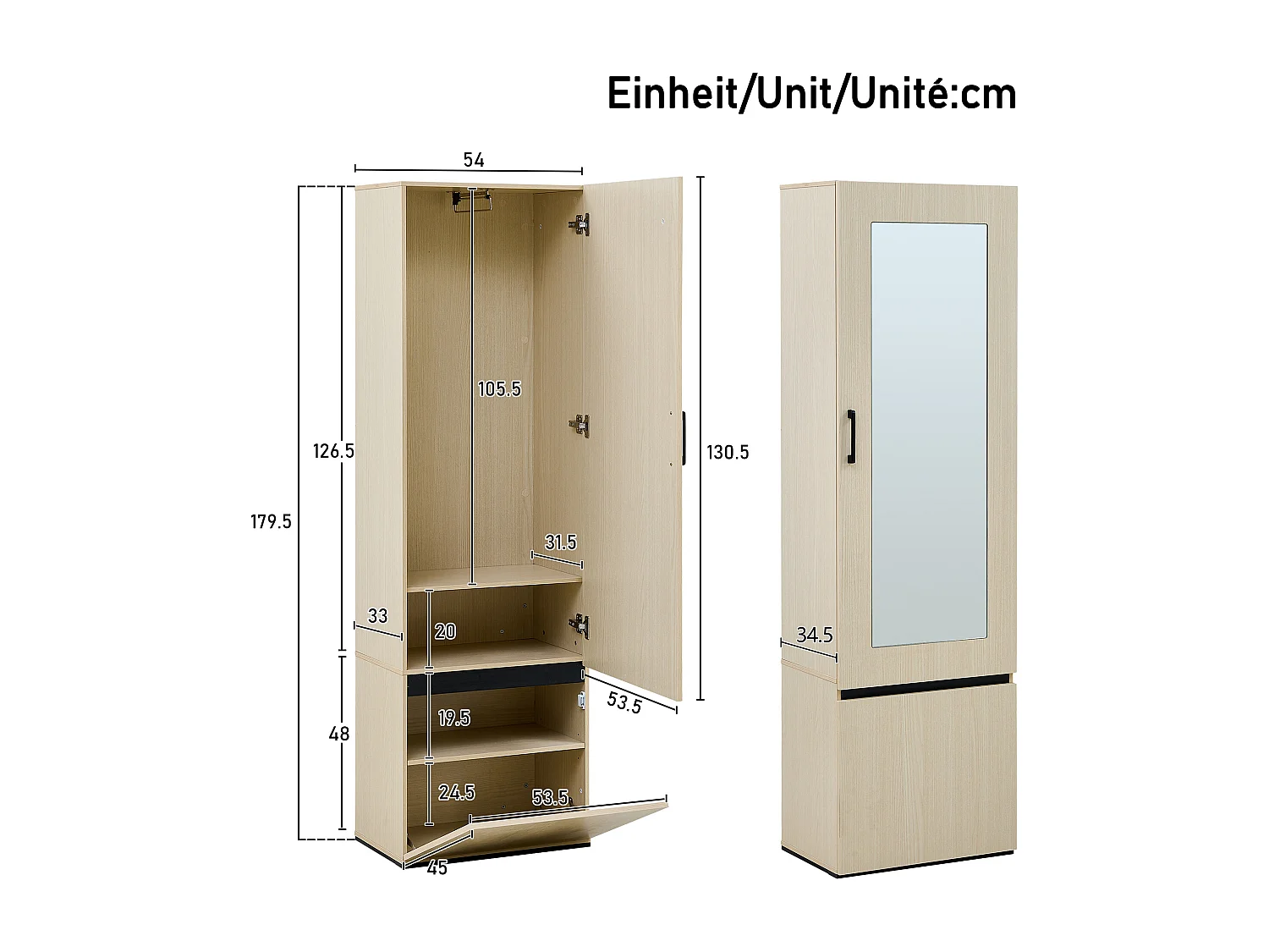 Armoire 54x33x179.5 cm avec miroir et portant à vêtements escamotable Matériaux MDF Couleur naturelle pour salon et Chambre