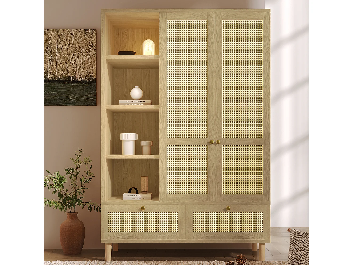 Armoire 120x50x180cm avec etagères ouvertes portants tringle à vêtements 2 tiroirs tressage de rotin Couleur naturelle