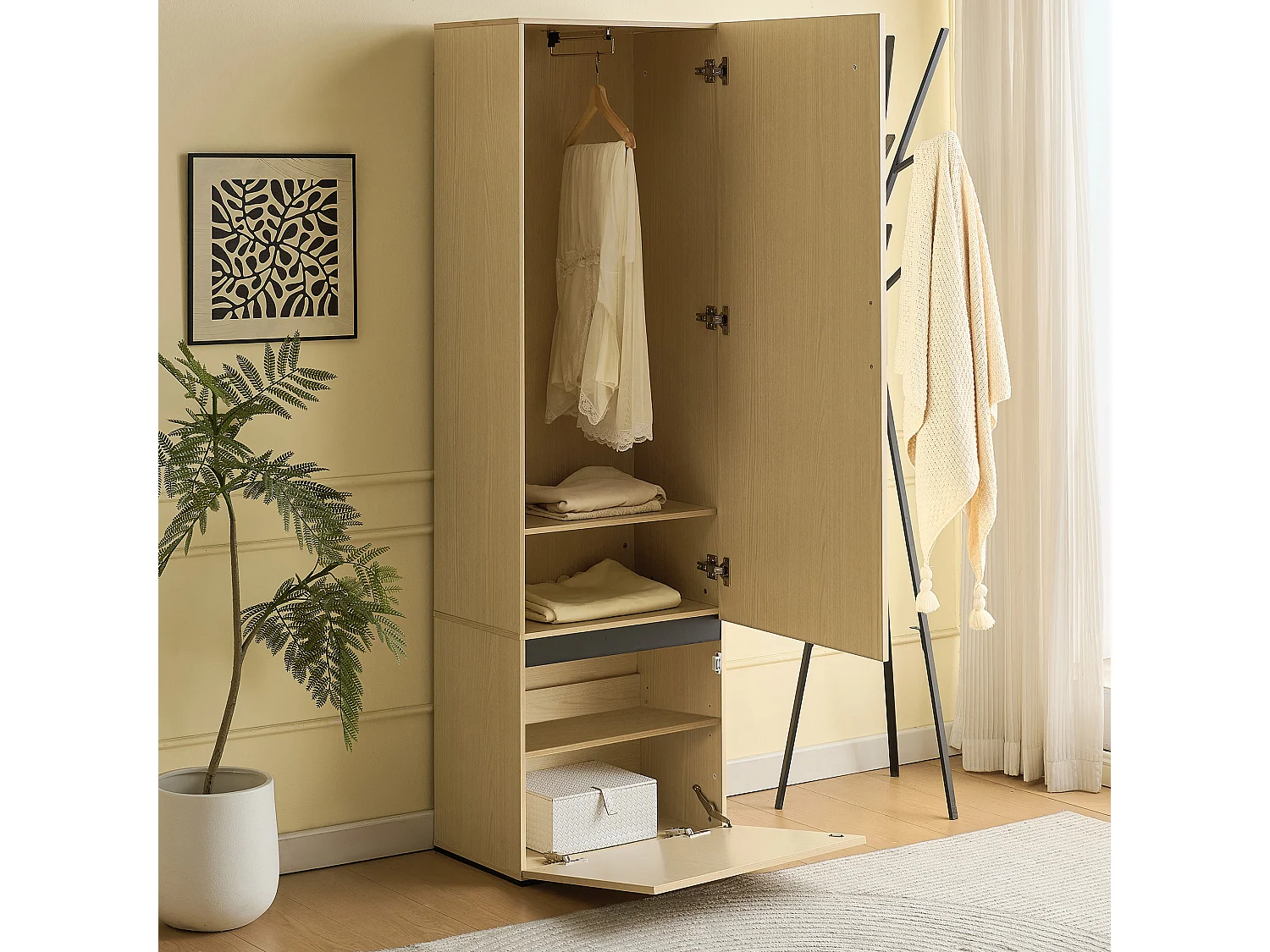 Armoire 120x50x180cm avec etagères ouvertes portants tringle à vêtements 2 tiroirs tressage de rotin Couleur naturelle