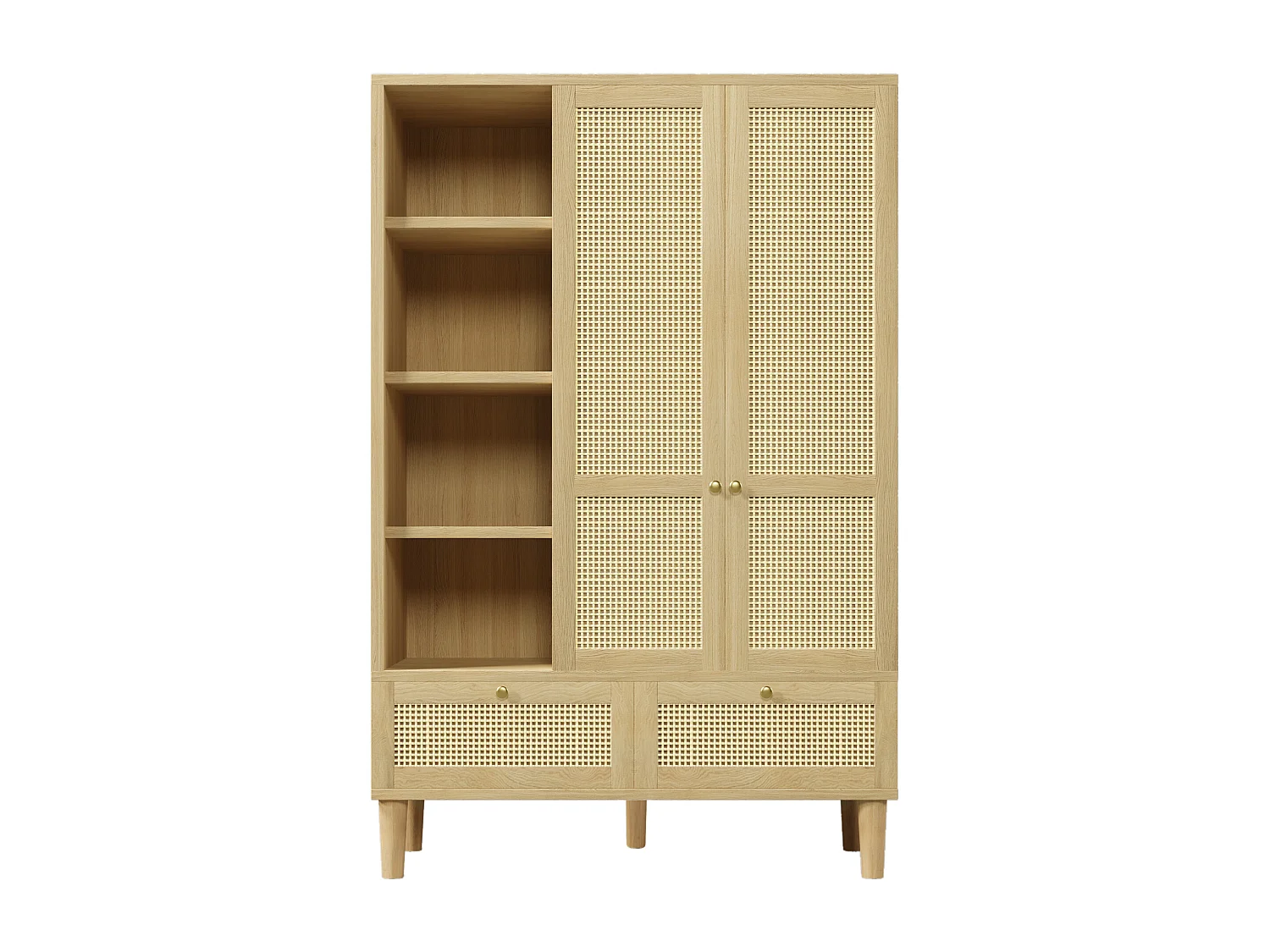 Armoire 180x120x50 cm, 2 portes, étagères ouvertes et penderie, 2 tiroirs, fermeture soft close, bois, chêne