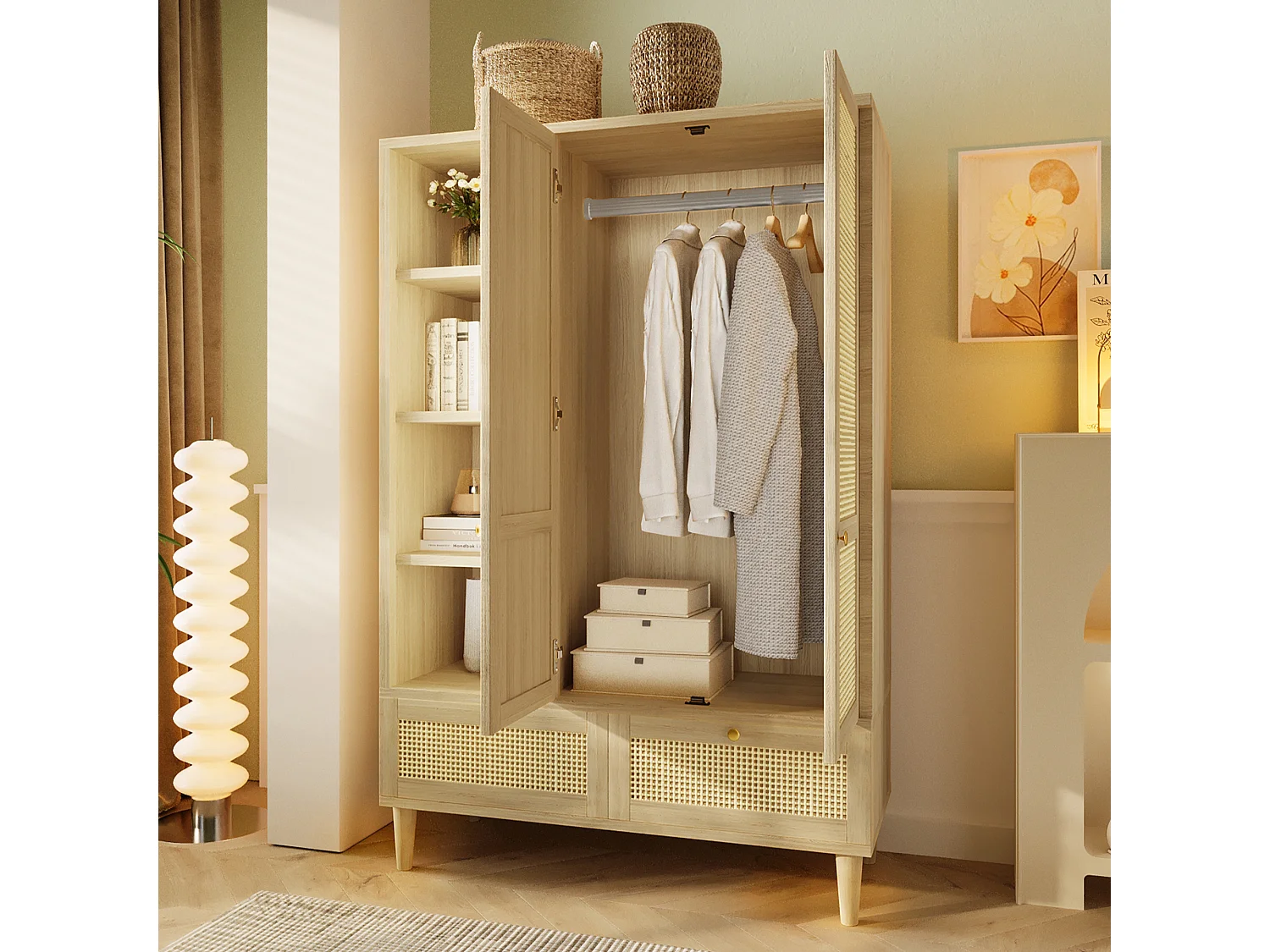 Armoire 180x120x50 cm, 2 portes, étagères ouvertes et penderie, 2 tiroirs, fermeture soft close, bois, chêne