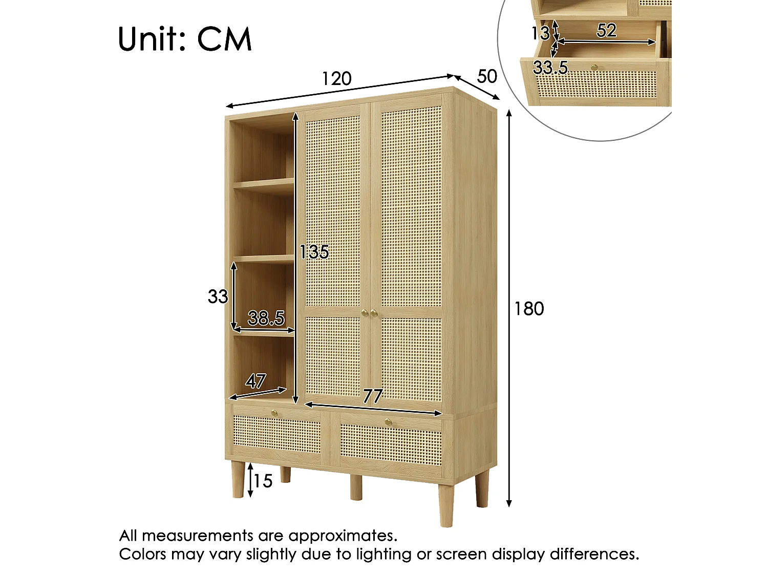 Armoire 180x120x50 cm, 2 portes, étagères ouvertes et penderie, 2 tiroirs, fermeture soft close, bois, chêne