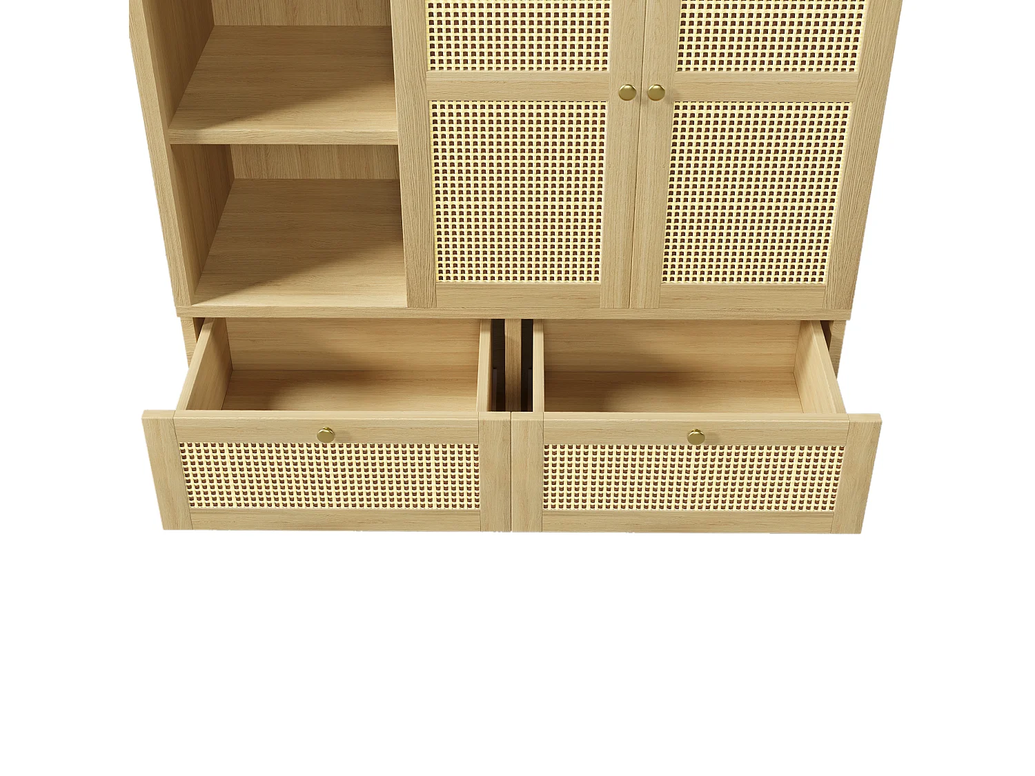 Armoire 180x120x50 cm, 2 portes, étagères ouvertes et penderie, 2 tiroirs, fermeture soft close, bois, chêne