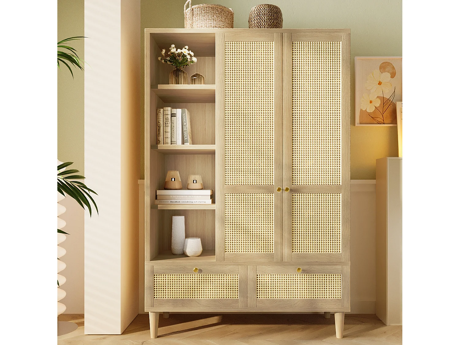 Armoire 180x120x50 cm, 2 portes, étagères ouvertes et penderie, 2 tiroirs, fermeture soft close, bois, chêne