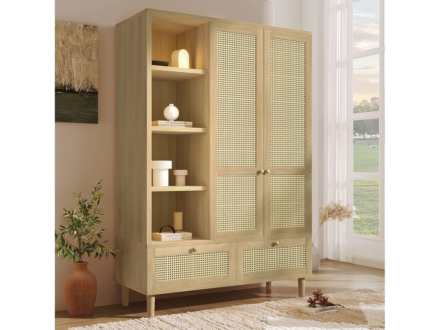 Armoire 180x120x50 cm, 2 portes, étagères ouvertes et penderie, 2 tiroirs, fermeture soft close, bois, chêne