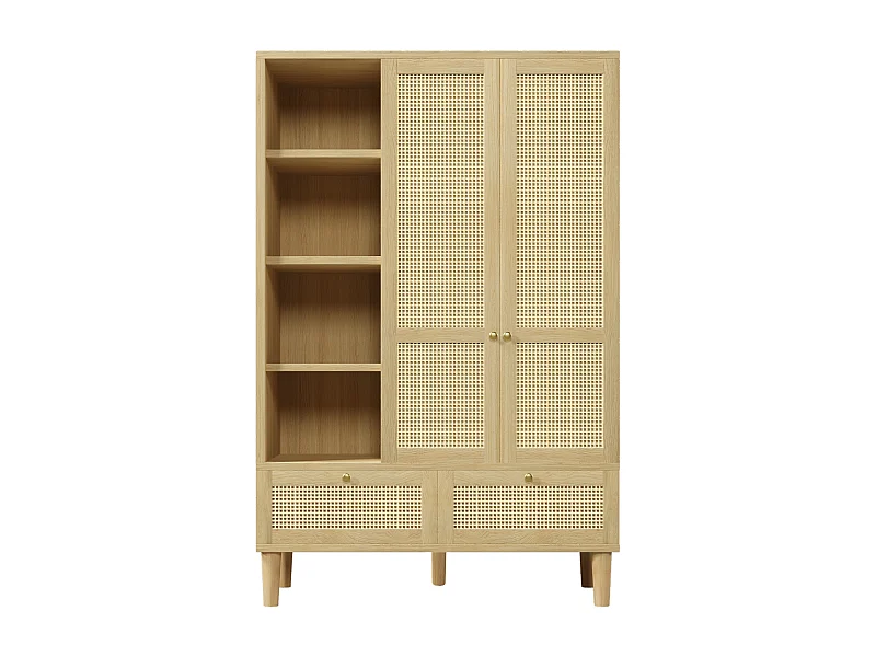 Armoire 180x120x50 cm, 2 portes, étagères ouvertes et penderie, 2 tiroirs, fermeture soft close, bois, chêne