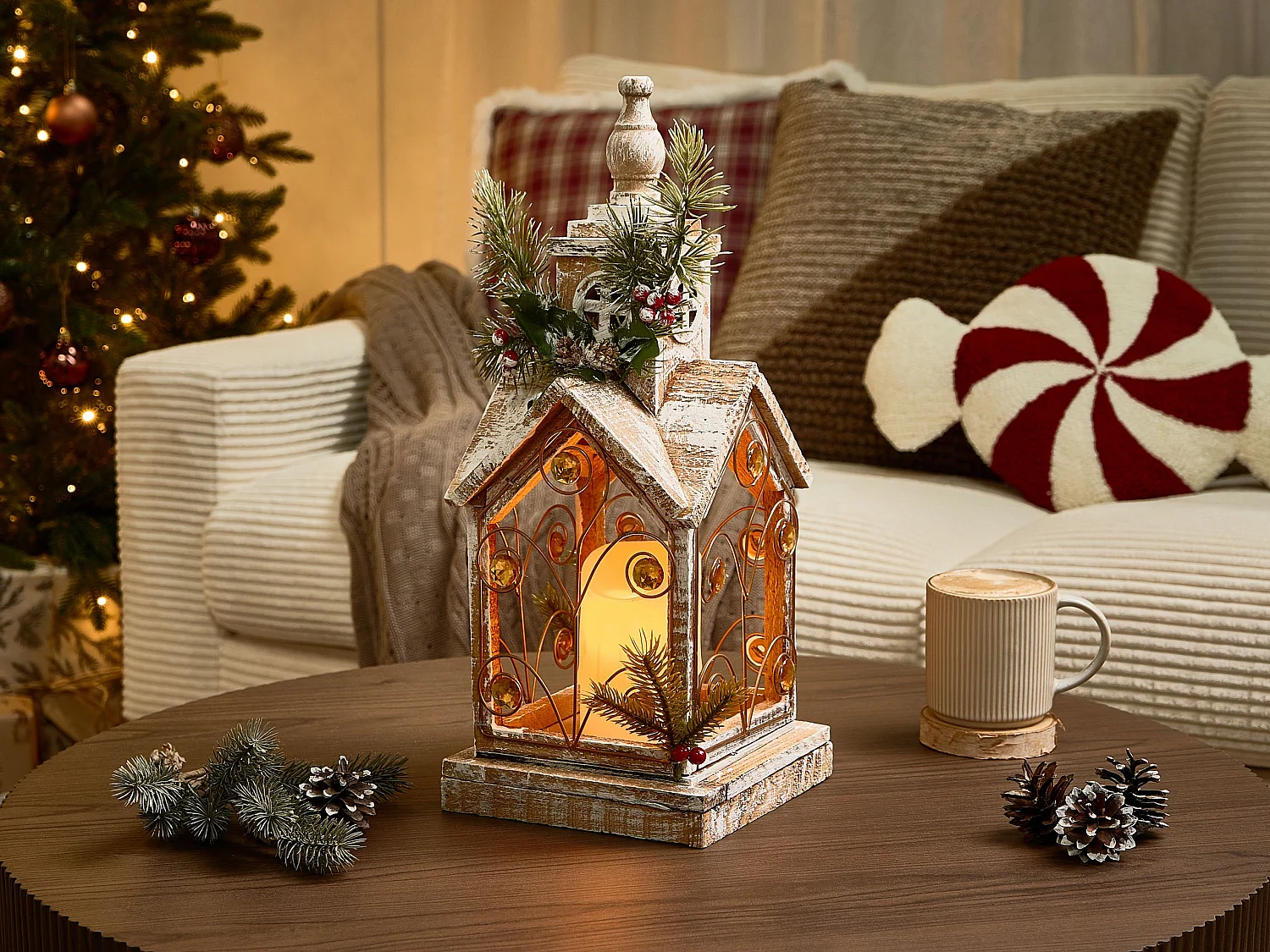 Lanterne LED SYVANSI Motif de Noël 46 cm Marron clair