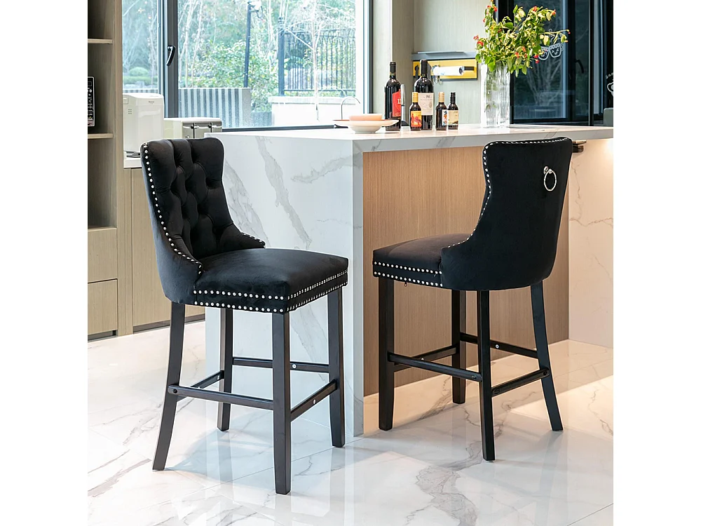 Tabourets de bar rembourrés, lot de 2 Avec rivets décoratifs et pieds en bois Garniture chromée à rivets Revêtement en velours noir