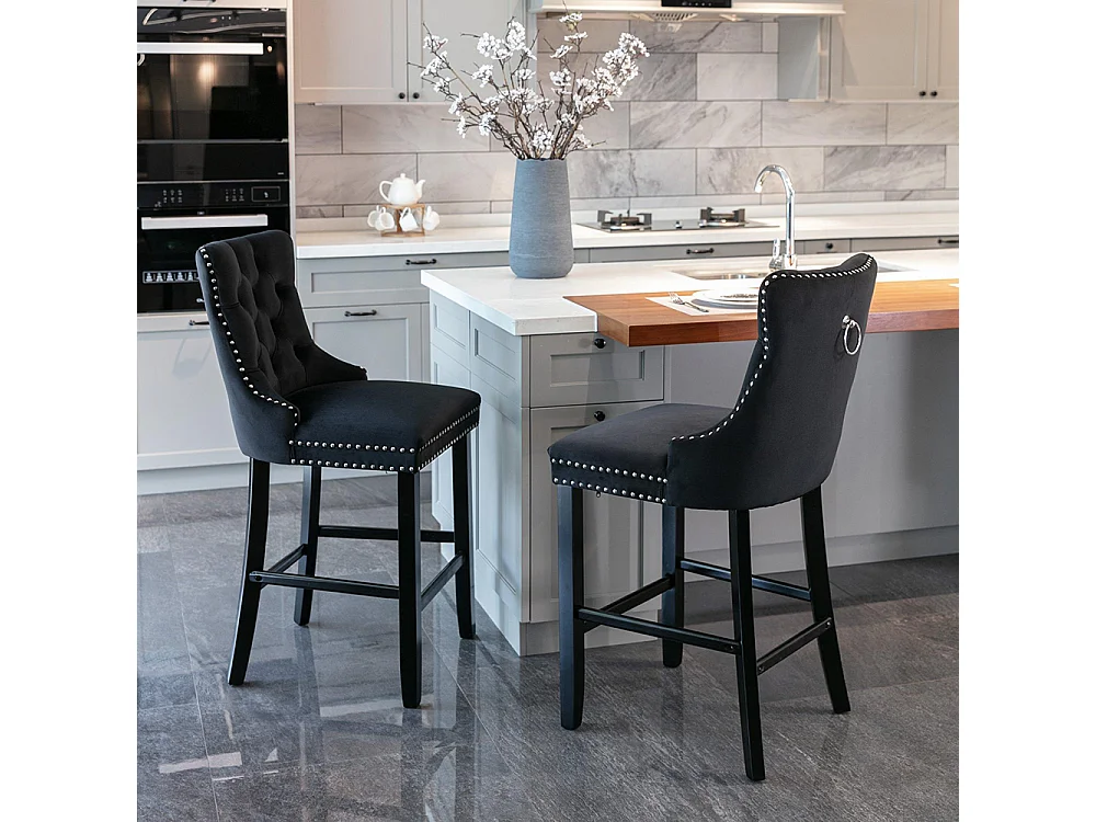 Tabourets de bar rembourrés, lot de 2 Avec rivets décoratifs et pieds en bois Garniture chromée à rivets Revêtement en velours noir
