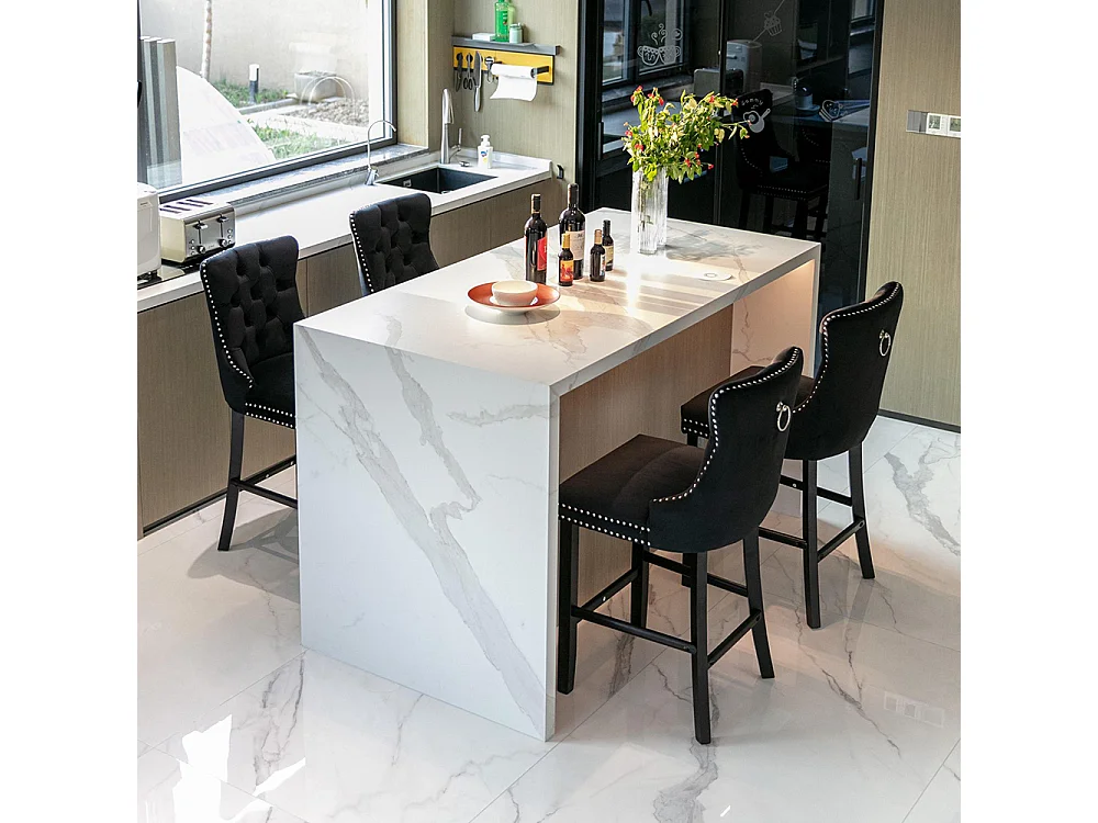 Tabourets de bar rembourrés, lot de 2 Avec rivets décoratifs et pieds en bois Garniture chromée à rivets Revêtement en velours noir