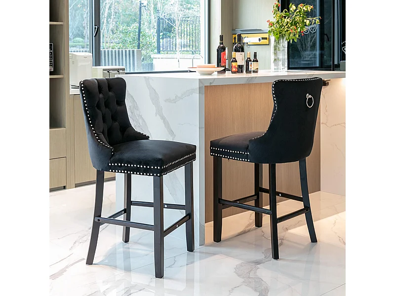 Tabourets de bar rembourrés, lot de 2 Avec rivets décoratifs et pieds en bois Garniture chromée à rivets Revêtement en velours noir