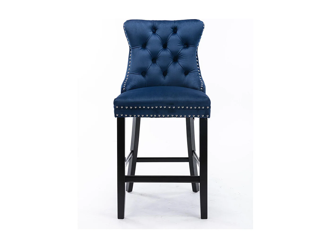 Ensemble de tabourets de bar avec rivets décoratifs et pieds en bois, garniture chromée à clous, revêtement en velours, bleu