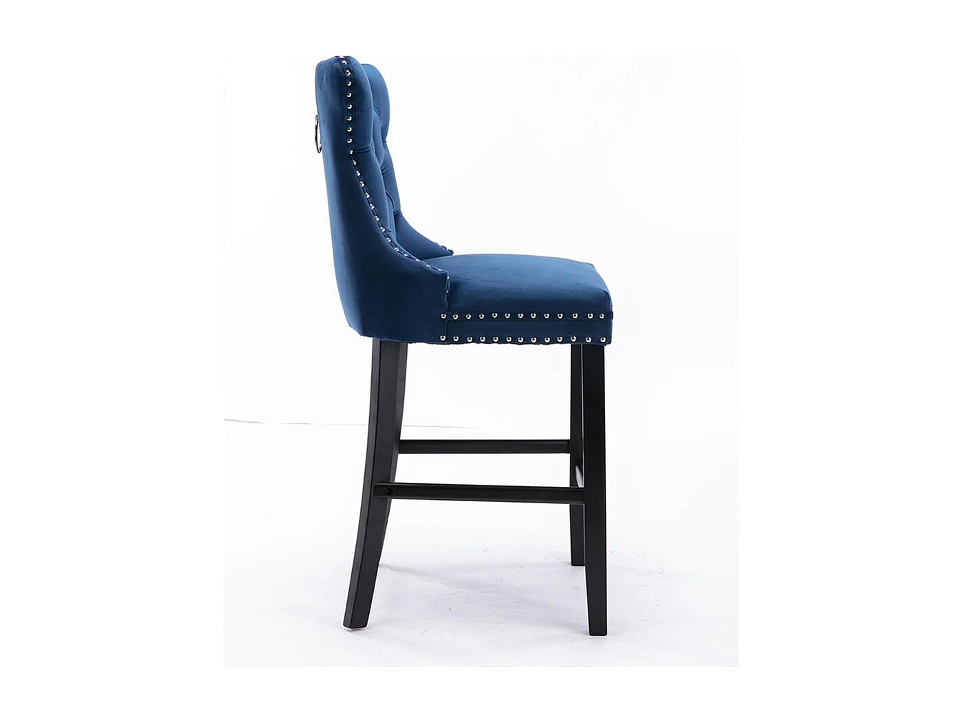 Ensemble de tabourets de bar avec rivets décoratifs et pieds en bois, garniture chromée à clous, revêtement en velours, bleu