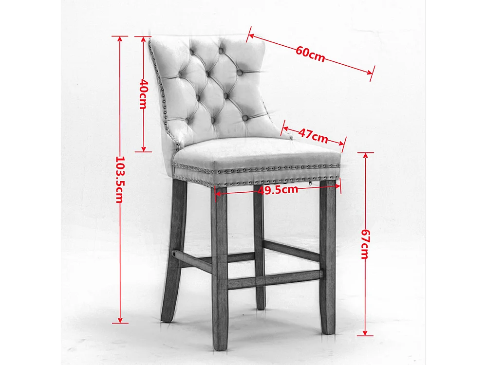 Tabourets de bar rembourrés, lot de 2 Avec rivets décoratifs et pieds en bois Garniture chromée à rivets Revêtement en velours, Bleu clair