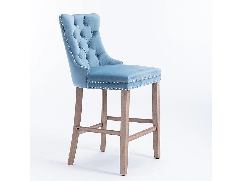 Tabourets de bar rembourrés, lot de 2 Avec rivets décoratifs et pieds en bois Garniture chromée à rivets Revêtement en velours, Bleu clair