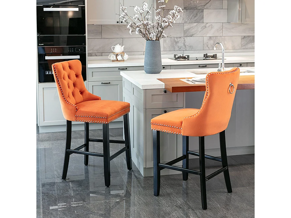Tabourets de bar rembourrés, lot de 2 Avec rivets décoratifs et pieds en bois Garniture chromée à rivets Revêtement en velours, Orange