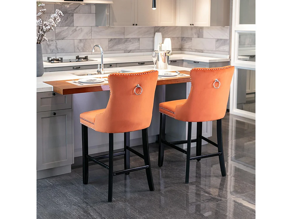 Tabourets de bar rembourrés, lot de 2 Avec rivets décoratifs et pieds en bois Garniture chromée à rivets Revêtement en velours, Orange
