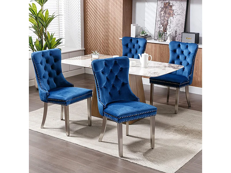 Chaise à manger rembourrée en 2 pièces avec jambes en acier inoxydable chromé, garniture à tête d'ongle, tapisserie en velours, bleu et chromé