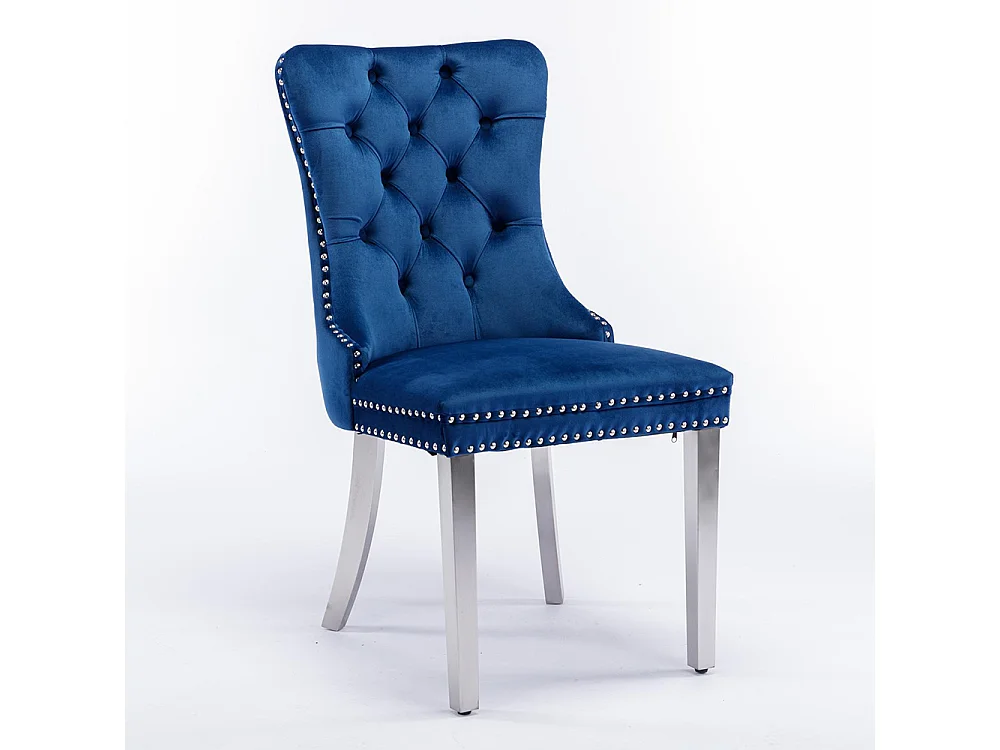 Chaise à manger rembourrée en 2 pièces avec jambes en acier inoxydable chromé, garniture à tête d'ongle, tapisserie en velours, bleu et chromé