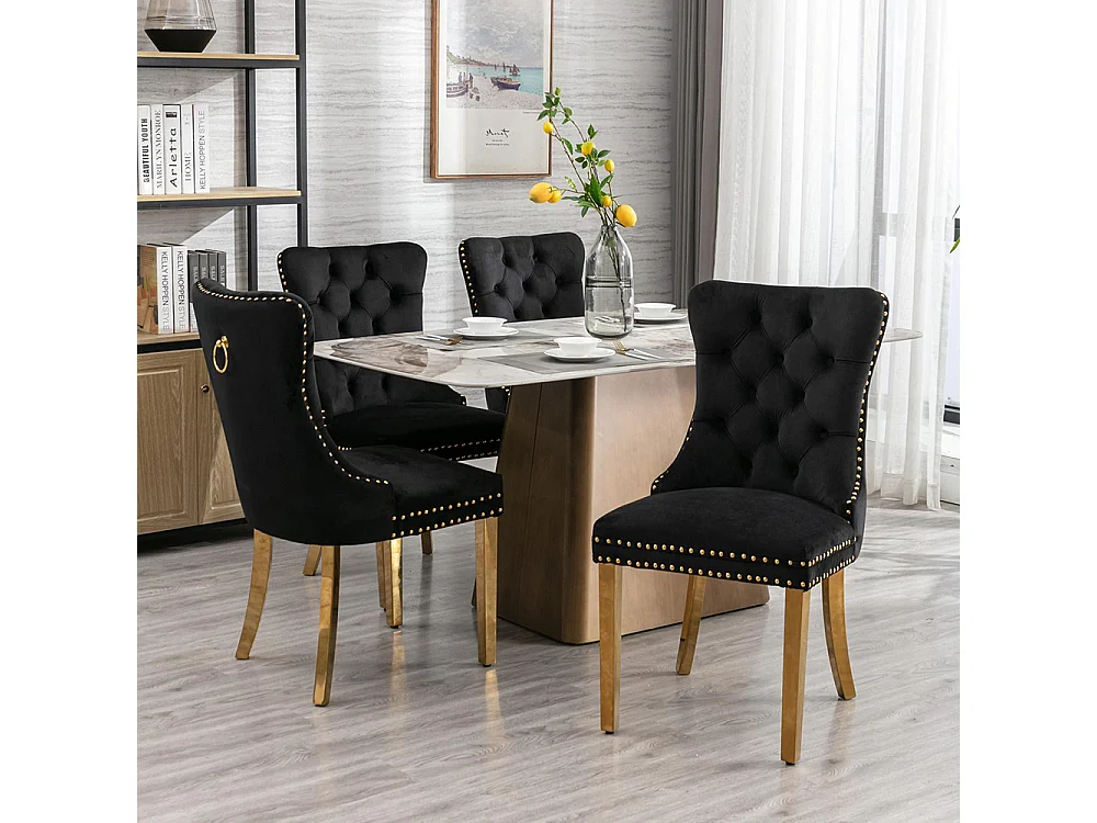 Conjunto de sillas de comedor de terciopelo, diseño contemporáneo de alta gama acolchado, madera maciza, negro y dorado