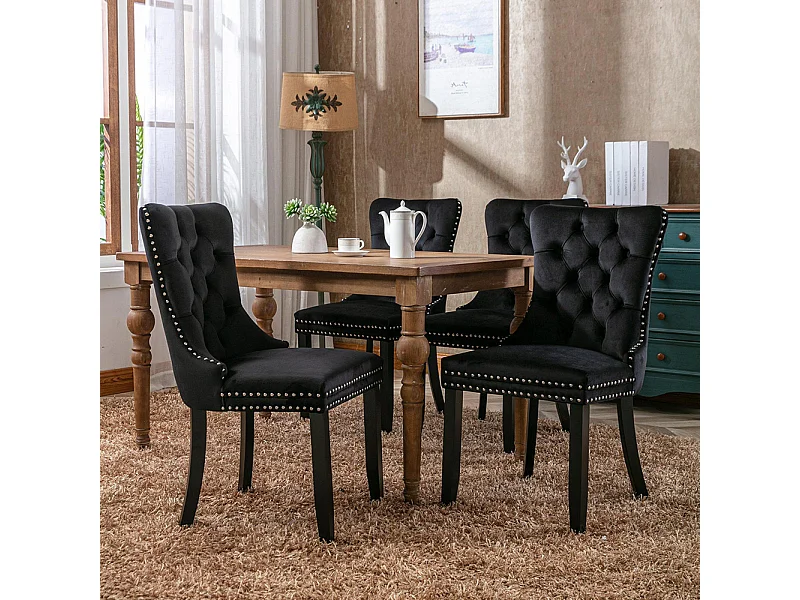 Set eetkamerstoelen, met houten poten en spijkerstof, fluwelen bekleding, massief houten frame, zwart