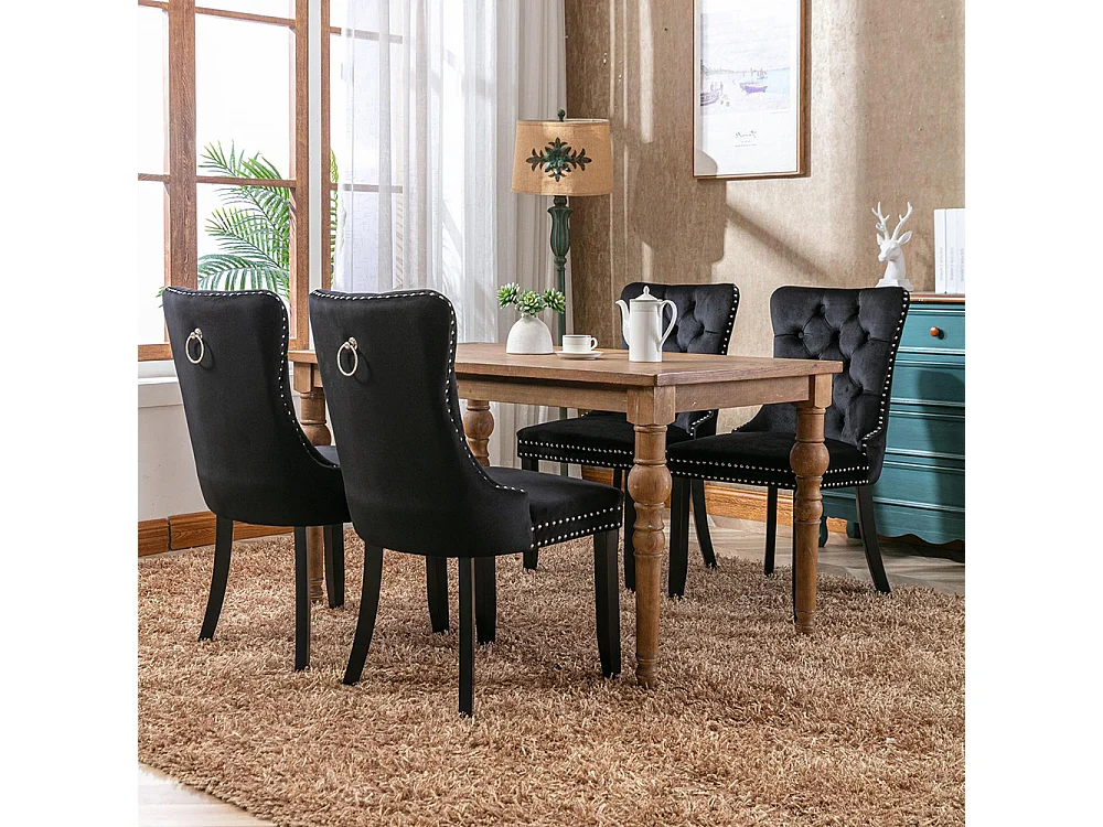 Ensemble de chaises de salle à manger, avec pieds en bois et garniture à clous, revêtement en velours, structure en bois massif,noir