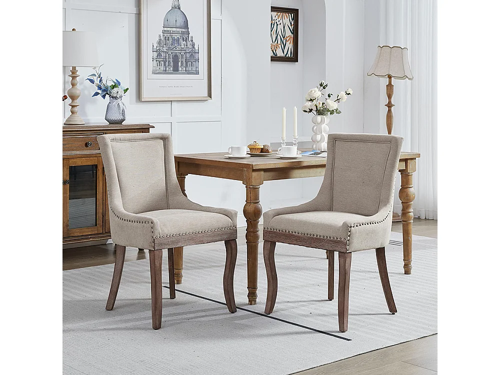 Chaises de salle à manger extra-larges, assises rembourrées en tissu, clous en bronze, lot de deux, beige