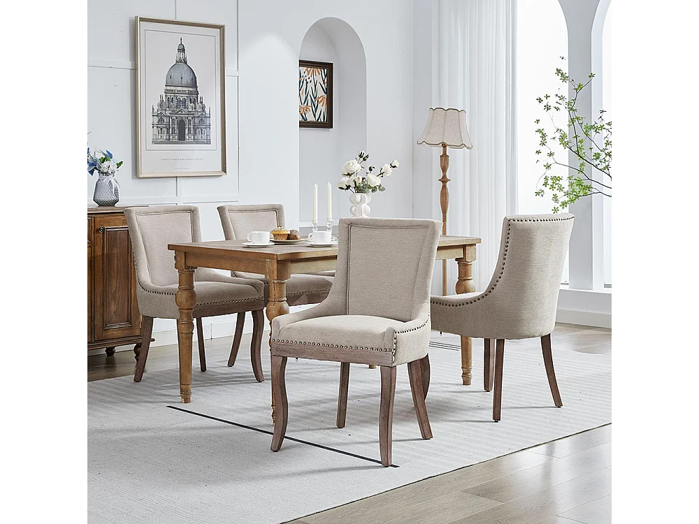 Chaises de salle à manger extra-larges, assises rembourrées en tissu, clous en bronze, lot de deux, beige