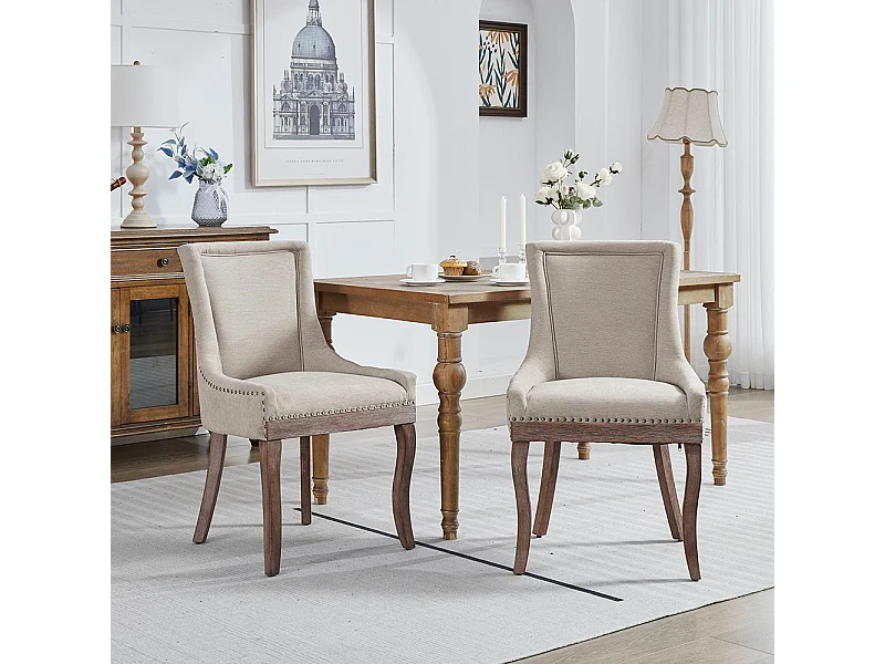 Chaises de salle à manger extra-larges, assises rembourrées en tissu, clous en bronze, lot de deux, beige