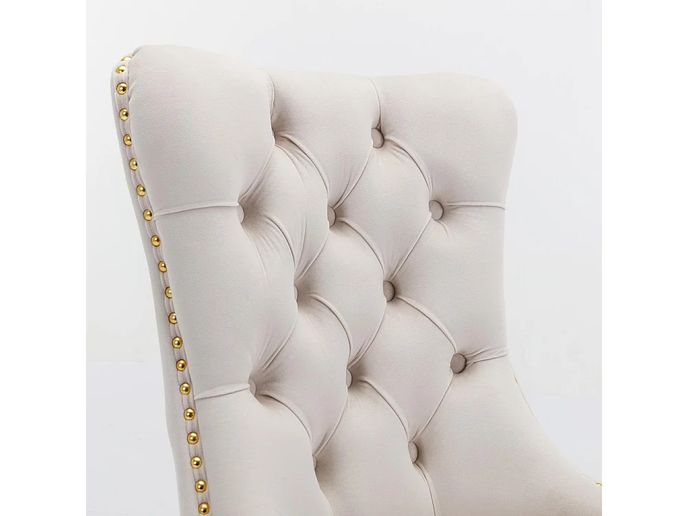 Silla de comedor tapizada con patas de acero inoxidable chapado en oro, tapizado con tachuelas, revestimiento de terciopelo, color beige dorado.