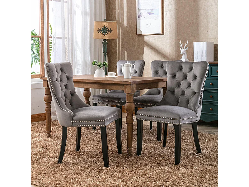 Conjunto de sillas de comedor, con patas de madera y tapizado con tachuelas, revestimiento de terciopelo, estructura de madera maciza, gris