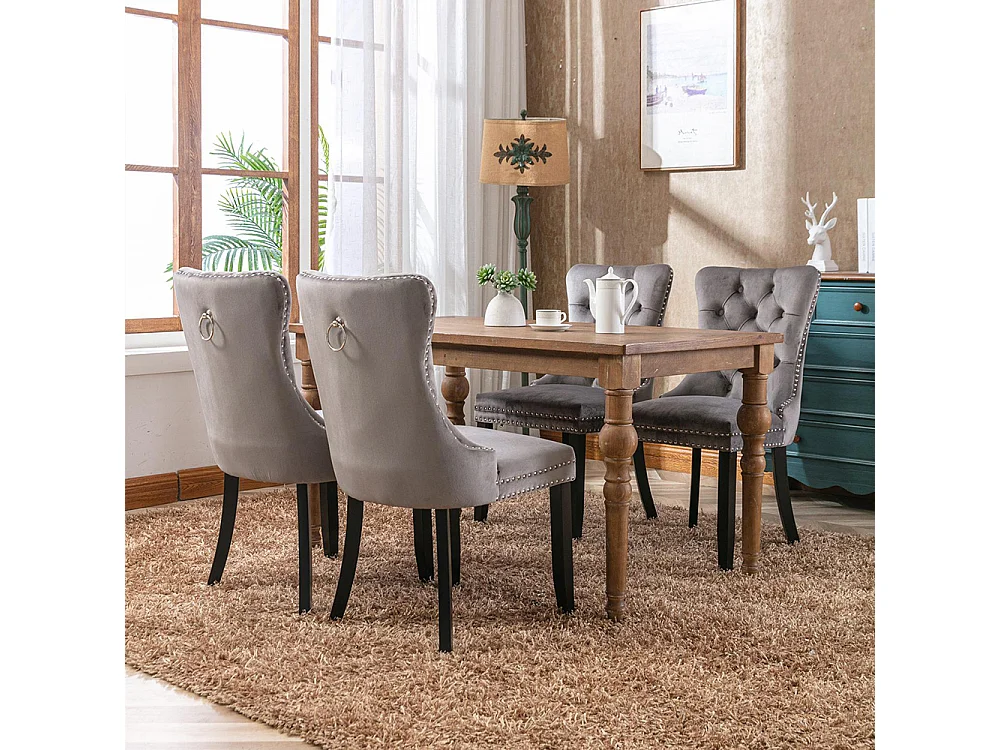 Esszimmerstuhl-Set mit Holzbeinen und Nagelverzierung, Samtbezug, Massivholzgestell, grau