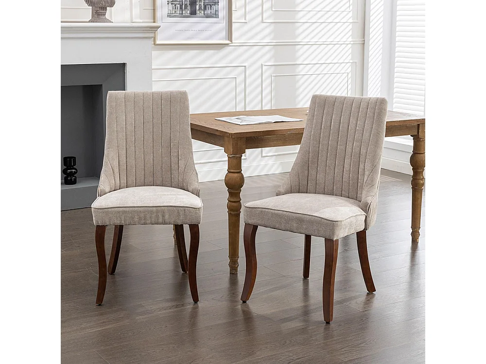Sedie da pranzo, set di due, imbottite in tessuto con morbida imbottitura, gambe curve in legno massello, lino, beige