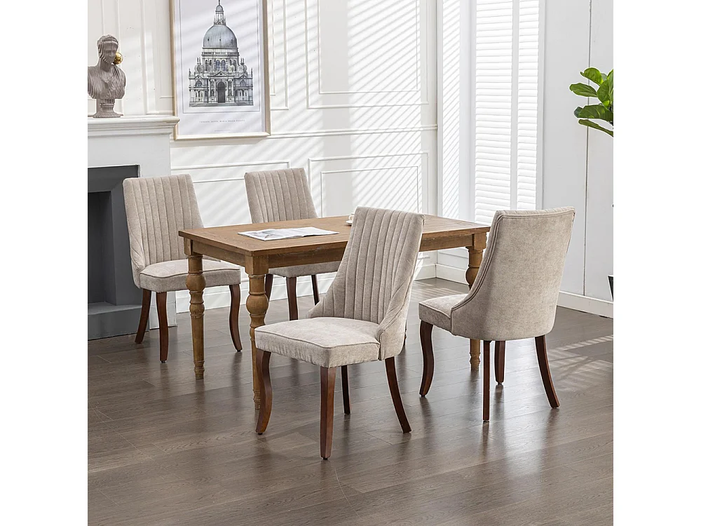 Sedie da pranzo, set di due, imbottite in tessuto con morbida imbottitura, gambe curve in legno massello, lino, beige