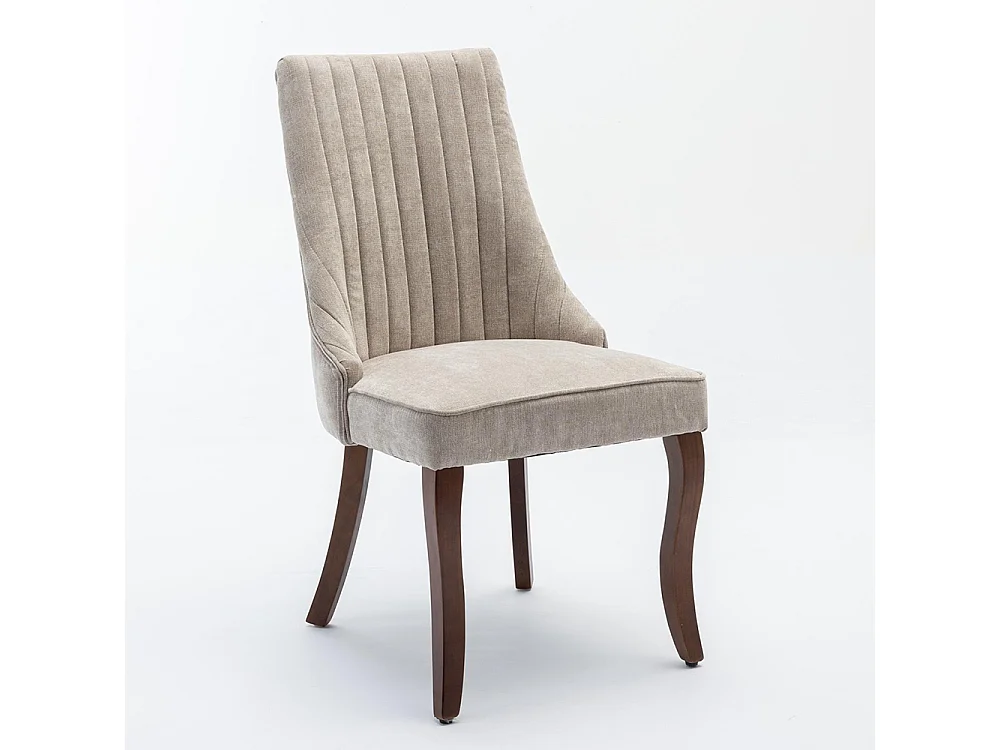 Sedie da pranzo, set di due, imbottite in tessuto con morbida imbottitura, gambe curve in legno massello, lino, beige