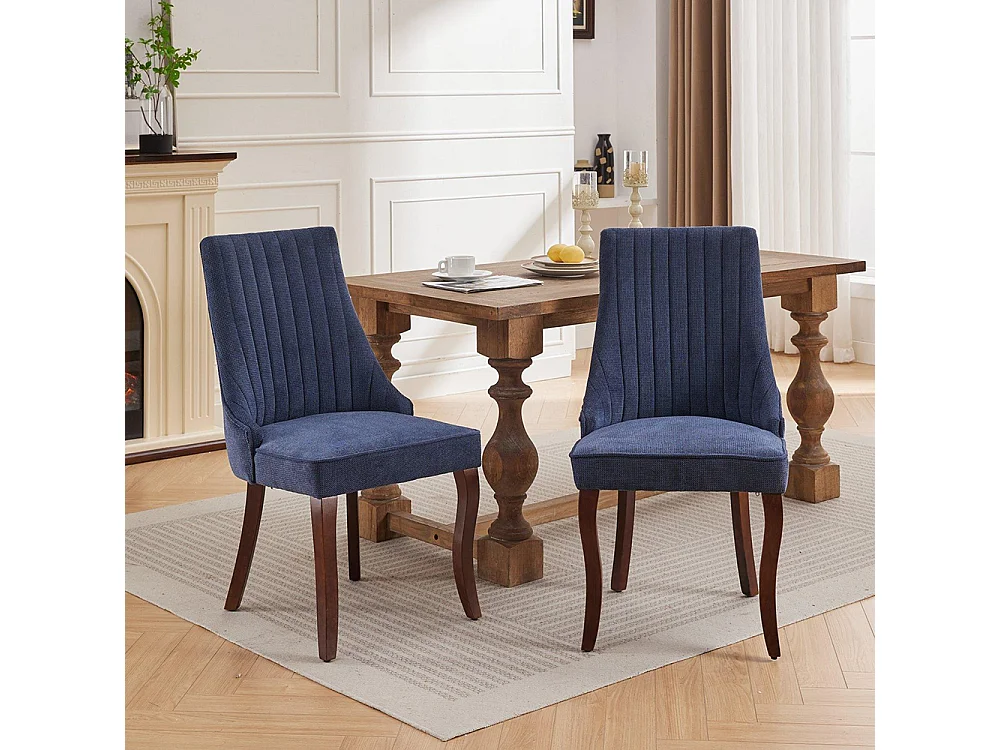 Chaises de salle à manger, lot de deux, rembourrées en tissu avec un rembourrage moelleux, pieds courbés en bois massif, lin,bleu