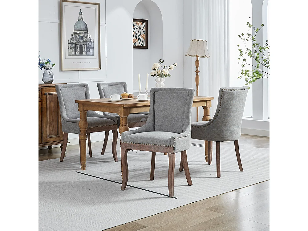 Sedie da pranzo extra large, sedute imbottite in tessuto, rivetti in bronzo, set da due, grigio