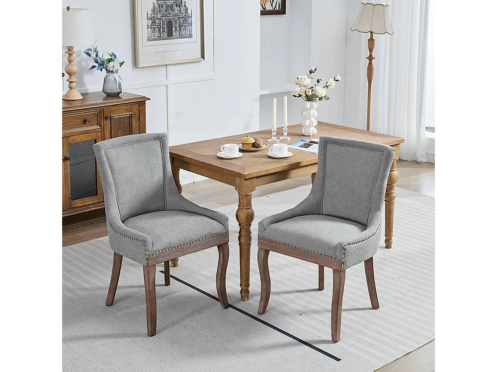 Chaises de salle à manger extra-larges, assises rembourrées en tissu, clous en bronze, lot de deux, gris